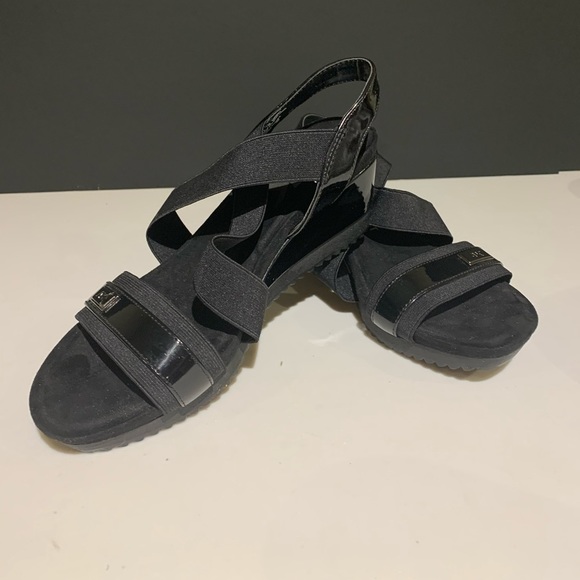 𝅺anne Klein Sport Black Wedged Elastic straps Sandals memory foam insoles - Picture 2 of 7